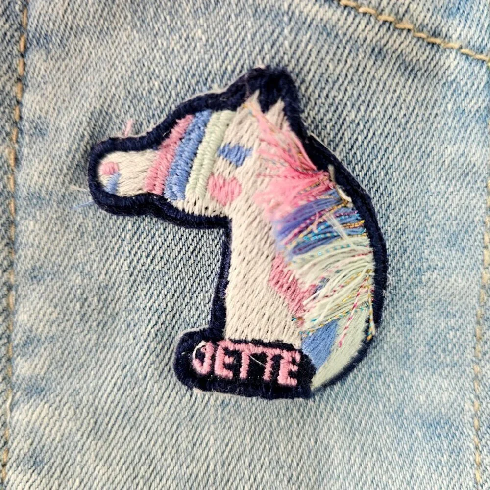 Jette Kids Denim Shorts Bib Overalls Girls 7/8 Cotton Stretch Lightwash Unicorn